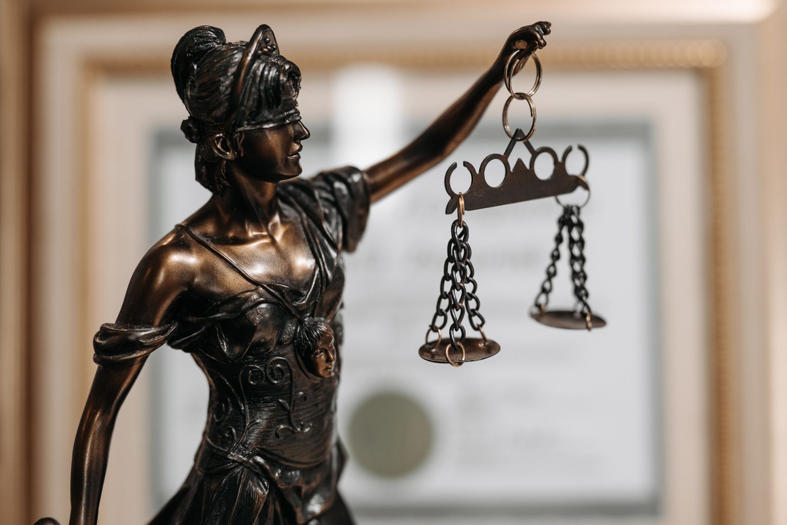 A bronze statue of Lady Justice holding the scales